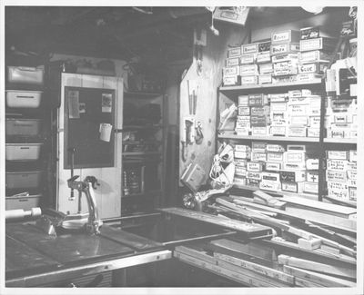 Another photo of the workshop highlighting the cigar box wall